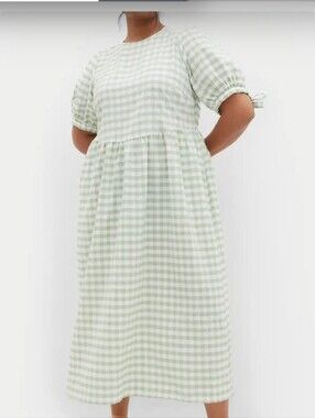 Sage Green Gingham Maxi Cottagecore Prairie Puff Sleeve Size S-XL Oversized